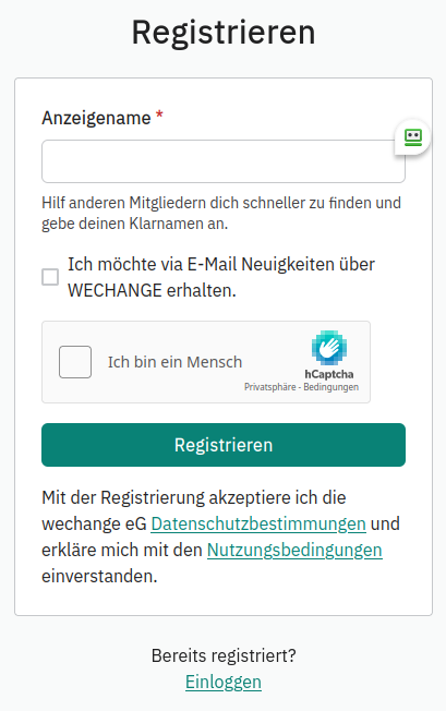 WECHANGE Registrierungsdialog Anzeigename